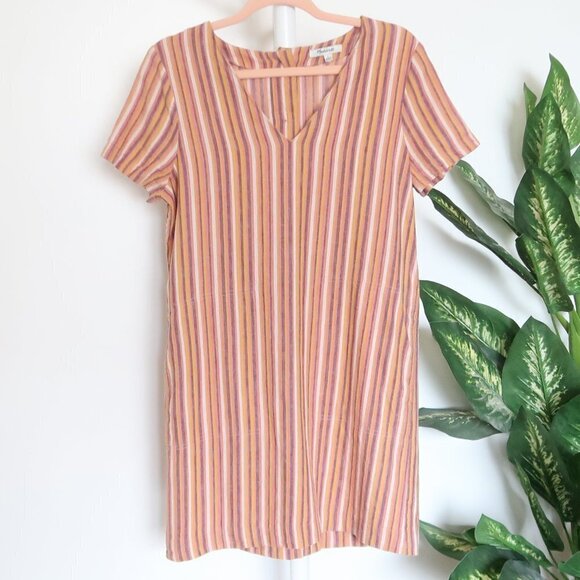 Madewell Linen Button-Back Easy Mini V-neck Short Sleeve Dress Rainbow Stripe S - Picture 6 of 11